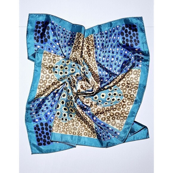 VINTAGE Geometric Blue Brown Square Scarf - Picture 1 of 3